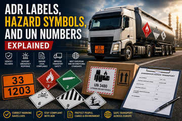 Étiquettes ADR, pictogrammes de danger, plaques orange et numéros ONU utilisés pour le transport de marchandises dangereuses en Europe