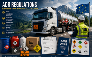 Réglementation ADR pour le transport de marchandises dangereuses en Europe avec camion transportant une cargaison dangereuse et systèmes de conformité